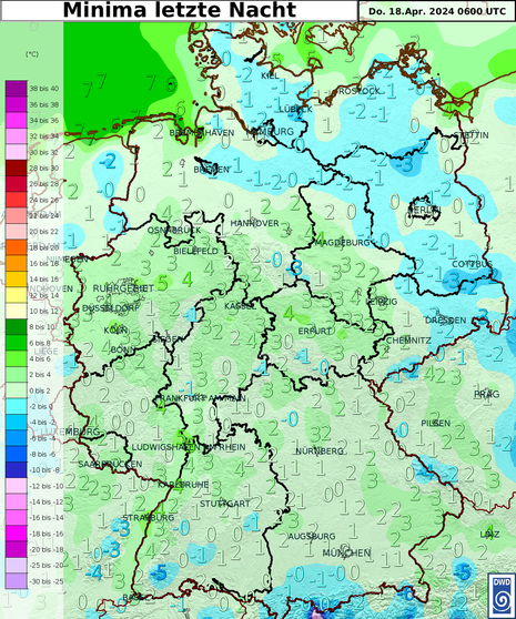 Tiefstwerte der vergangenen Nacht zum Donnerstag, den 18.04.2024 in °C (Quelle Deutscher Wetterdienst)
