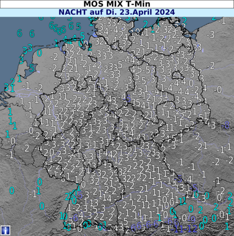 Die Prognose der Tiefsttemperaturen in der Nacht zum Dienstag markiert den Höhepunkt der Nachtfrostperiode. Verbreitet ist mit Frost zwischen 0 und - 4 °C zu rechnen.