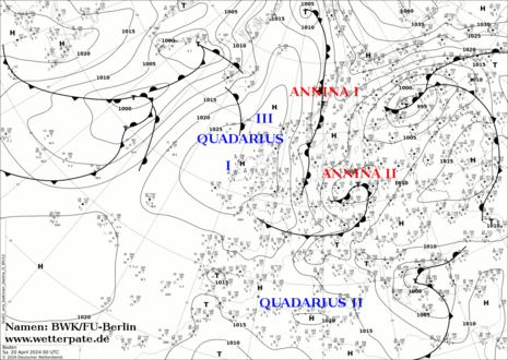 Wetterlage am Sonntag, 21. April, mit Hoch bei Irland und Tiefs über Polen (Quelle DWD-Analyse von 00 UTC )