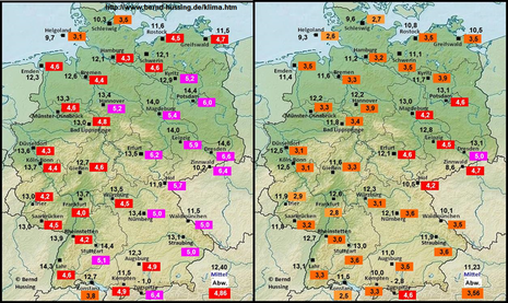 Temperaturabweichung ausgewählter Orte zum vieljährigen Mittel bis zum 15. April (links) und bis zum 21. April (rechts). Reduzierung der positiven Abweichung von 4 bis rund 7°C auf 2 bis rund 4°C. (Quelle https://www.bernd-hussing.de/klima.html)