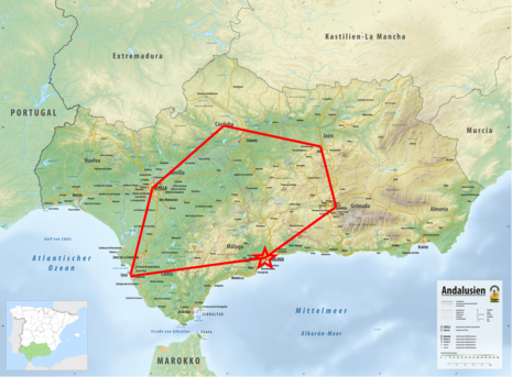 Reliefkarte Andalusiens mit dem Verlauf der Rundreise mit Start- und Zielort Málaga (durch Stern markiert) über Granada, Jaén, Córdoba, Sevilla und Cádiz (Quelle https://de.wikipedia.org/wiki/Andalusien (Bearbeitet))