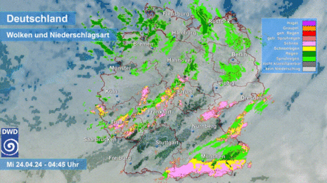 Animation des Satellitenbilds und der radarbasierten Niederschlagsart über Deutschland am 24.04.2024 zwischen 04:45 und 10:45 Uhr. (Quelle: DWD) (Quelle DWD)