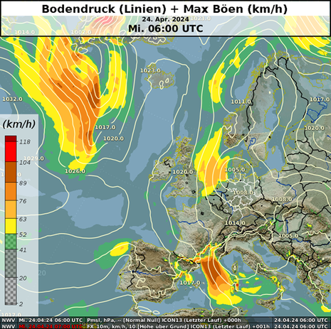 Bodendruck (Linien) und Starkwindgebiete (Flächen) am gestrigen 24.04.2024 um 06:00 UTC (08:00 MESZ) sowie meteorologische Kenngrößen der Starkwindfelder über dem Nordatlantik und über dem westlichen Mittelmeer. (Quelle DWD - Deutscher Wetterdienst)