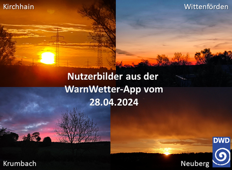 Vier Wetterbilder zeigen jeweils farbenfrohe Sonnenaufgänge an verschiedenen Orten in Deutschland. (Quelle Deutscher Wetterdienst)