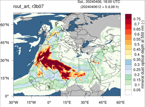 Diese Grafik zeigt die Mineralstaubkonzentration über Europa am 06.04.2024 um 18 UTC. (Quelle DWD)