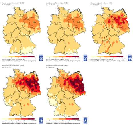 Waldbrandgefahr nimmt vor allem im Norden und Osten bei zunächst anhaltender Trockenheit und mäßigem Ostwind zu. (Quelle DWD)