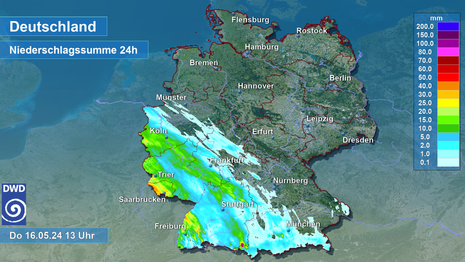 Im Südwesten und Westen wurden recht verbreitet Niederschläge registriert, lokal eng begrenzt sogar bis in den Unwetterbereich. Die Nordosthälfte blieb hingegen niederschlagsfrei. (Quelle Deutscher Wetterdienst)