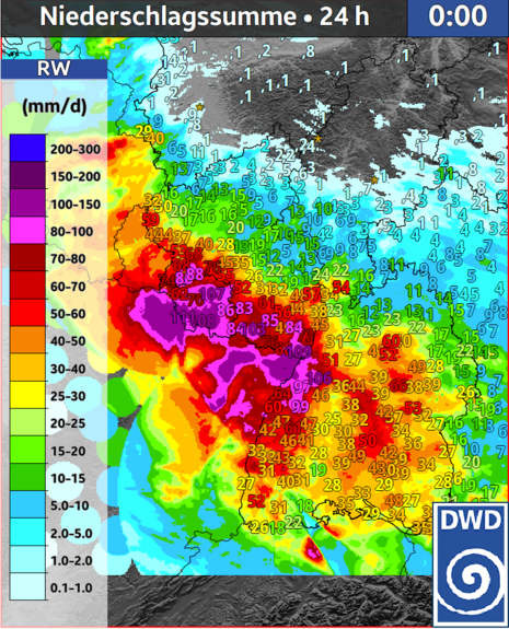 Abb 1: Aus 10-minütigen Stationsmessungen sowie aus Radarmessungen abgeleitete 24-stündige Niederschlagssummen im Südwesten Deutschlands vom Freitag, den 17.05.2024 (Quelle DWD - Deutscher Wetterdienst)
