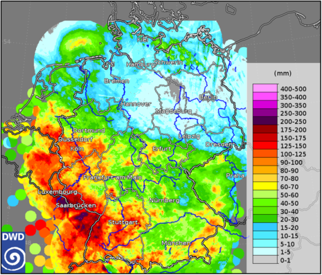 Abb 1: Niederschlagsverteilung über Deutschland im bisherigen Mai 2024 (1. bis 18. Mai) (Quelle DWD - Deutscher Wetterdienst)