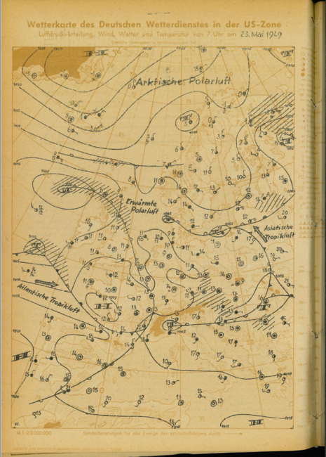 Wetterkarte des Deutschen Wetterdienstes vom 23. Mai 1949 in der US-Zone (Quelle Deutscher Wetterdienst (DWD))