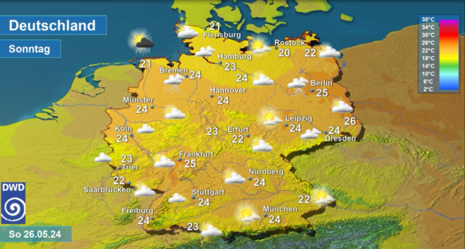 Abb 1: Wettervorhersage sowie Vorhersage der Tageshöchsttemperaturen in Deutschland am Sonntag, den 26.05.2024 (Quelle DWD - Deutscher Wetterdienst)