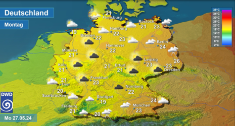 Abb 2: Wettervorhersage sowie Vorhersage der Tageshöchsttemperaturen in Deutschland am Montag, den 27.05.2024 (Quelle DWD - Deutscher Wetterdienst)