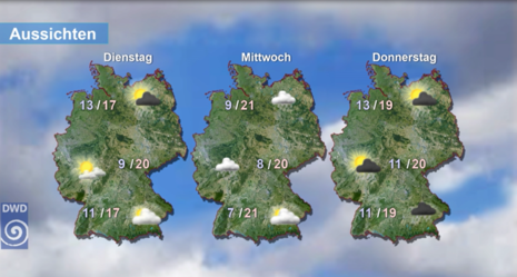 Abb 3: Wetter- und Temperaturvorhersage für Dienstag, den 28.05. bis Donnerstag, den 30.05.2024 (Quelle DWD - Deutscher Wetterdienst)