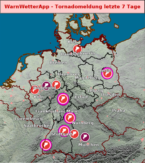 Abb 1: Auf der Grafik sieht man die über die WarnwetterApp eingegangenen Tornadomeldungen vom 21.-27.05.2024