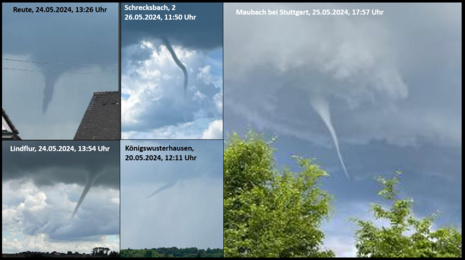 Abb 2: Man sieht verschiedene Trichterwolken von Nutzern, die über die WarnwetterApp in den vergangenen sieben Tagen zugemeldet wurden.