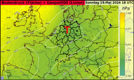 Abb 3: Die Grafik zeigt das Geopotential in 500 hPa (etwa 5600 m) und damit die Verteilung von Tief- und Hochdruckgebieten in diesem Höhennieveau. (Quelle DWD - Deutscher Wetterdienst)