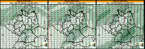 Abb 4: Die Grafik zeigt Windrichtung und stärke in verschiedenen Höhenniveaus. 925 hPa (etwa 700 m), 850 hPa (etwa 1500 m) und 700 hPa (etwa 3000 m). (Quelle DWD - Deutscher Wetterdienst)