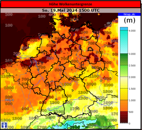 Abb 7: Die Grafik zeigt die Höhe der Wolkenuntergrenze. Werte um oder unter 1000 m Höhe, werden allgemein als niedrig angesehen. (Quelle DWD - Deutscher Wetterdienst)