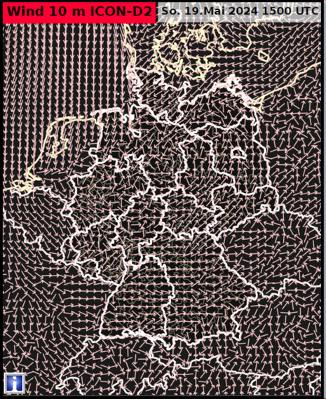 Abb 8: Die Grafik zeigt die Windverteilung am Boden (Höhe 10 m). Man erkennt unterschiedliche und teils zusammenströmende Winde (Konvergenzen), insbesondere über dem Norden und Westen des Landes. (Quelle DWD - Deutscher Wetterdienst)