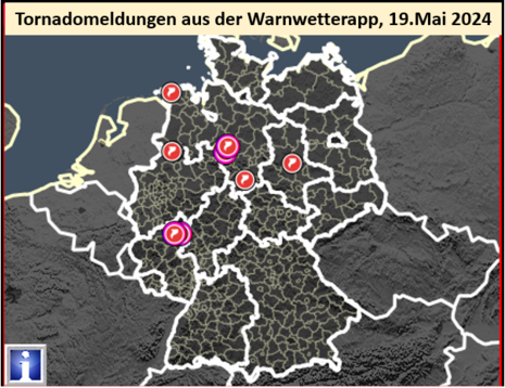 Abb 9: Die Grafik zeigt die Tornadomeldungen aus der WarnwetterApp von der Beispiellage am 19.05.2024.