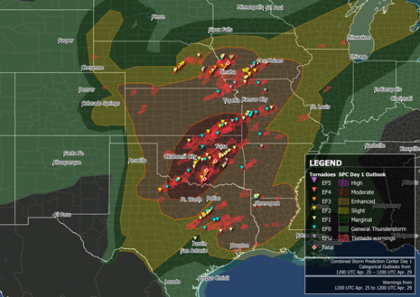 Übersichtskarte aller Tornados zwischen 25. und 28.04. im Süden der USA. (Quelle Wikipedia)