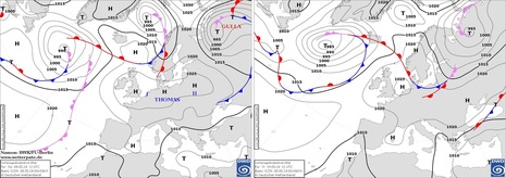 Vorhersagen Druckfeld und Fronten über Europa und dem Nordatlantik für Donnerstag, 09.05.2024 (links) und Freitag, 10.05.2024 (rechts) (Quelle Deutscher Wetterdienst)