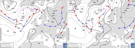 Vorhersagen Druckfeld und Fronten über Europa und dem Nordatlantik für Samstag, 11.05.2024 (links) und Sonntag, 12.05.2024 (rechts) (Quelle Deutscher Wetterdienst)