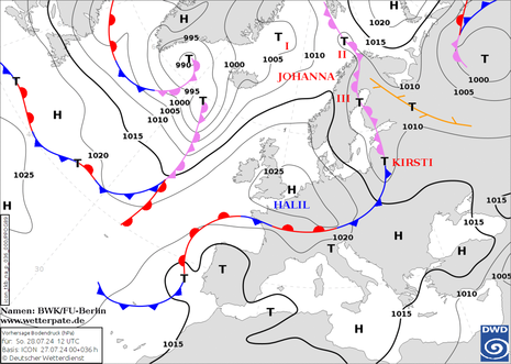 Diese Grafik zeigt die Analysekarte für Sonntag, den 28.07.2024 um 12 UTC mit dem heranrückenden Hoch