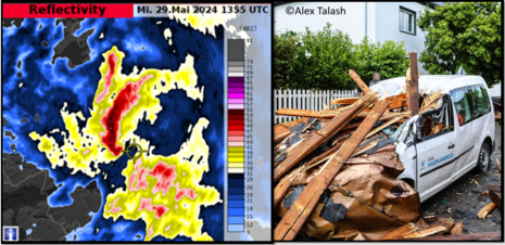 Auf der Grafik sieht man zum einen das Radarbild zum Zeitpunkt des Ereignisses und zum anderen ein Schadensbild aus Hagen. (Quelle DWD - Deutscher Wetterdienst(Alex Talash))