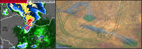 Auf der Grafik sieht man zum einen das Radarbild zum Zeitpunkt des Ereignisses und zum anderen ein Schadensbild bei Gröditz. (Quelle DWD - Deutscher Wetterdienst(Jens Berger))