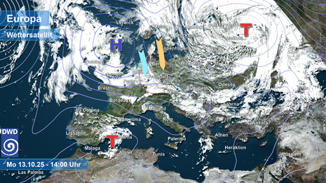 Die aktuelle Wetterlage zeigt ein umfangreiches Hochdruckgebiet bei den Britischen Inseln. Deutschland liegt am Rande dieses Hochs, genauer gesagt an der Ostflanke, in einer nördlichen bis nordwestlichen Strömung, mit der in unteren Luftschichten feuchte