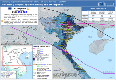 Grafik vom 17. Oktober 2025 des europäischen Emergency Response Coordination Centre für die von den tropischen Systemen RAGASA, BUALOI und MATMO betroffenen Regionen im Norden Vietnams