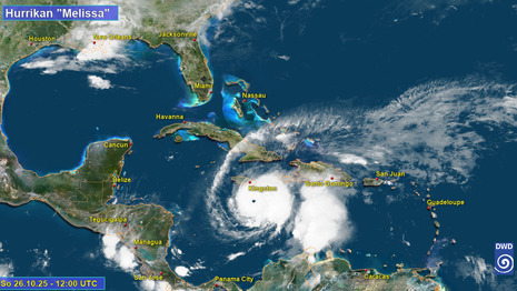 Satellitenbild von 12 UTC mit Hurrikan MELISSA südlich von Kingston/Jamaika (Quelle:DWD)