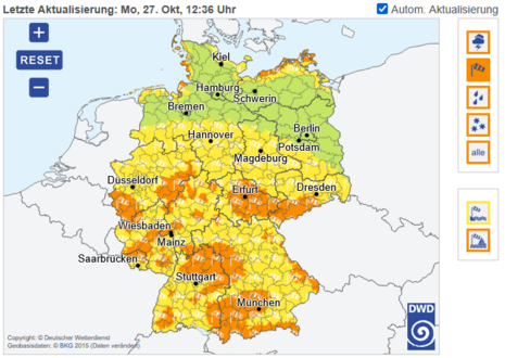 DWD-Warnkarte von Montag, den 27. Oktober 2025, 12:36 Uhr MEZ zeigt die aktuellen Warnungen der Kategorie