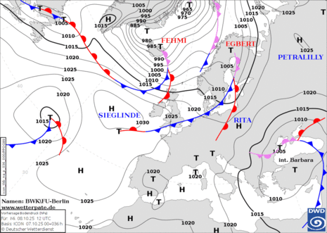 Aktuelle „Berliner Wetterkarte“ vom Mittwoch, 08. Oktober 2025 mit den Hochs PETRALILLI, RITA und SIEGLINDE und dien Tiefs EGBERT und FEHMI.
