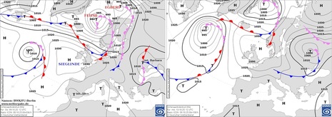 Karte Europa und Nordatlantik mit Vorhersage von Bodendruck und Frontalzonen für links: Donnerstag, 09.10.2025 und rechts: Montag, 13.10.2025 jeweils 12 UTC auf Basis des DWD-Modell ICON