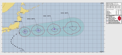 Zugbahn des Taifuns HALONG mit Berechnung der weiteren Zugbahn, Quelle: Joint Typhoon Warning Center JTWC