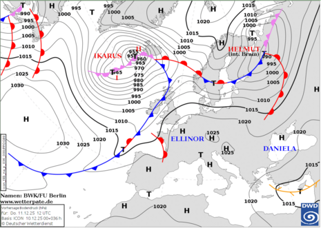 Bodenanalyse mit Fronten und Luftdruck, Donnerstag den 11.12.2025 12 UTC (Quelle: DWD)
