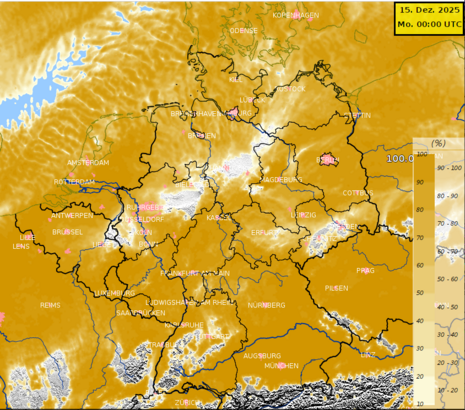 Wahrscheinlichkeit für tiefe Bewölkung am 15.12.2025, 01 Uhr MEZ (nach ICON-D2). Die klaren Verhältnisse in den hohen Lagen des Südens sind sicher, die Wolkenlücken im Tiefland des Nordens unterliegen größeren Unsicherheiten.