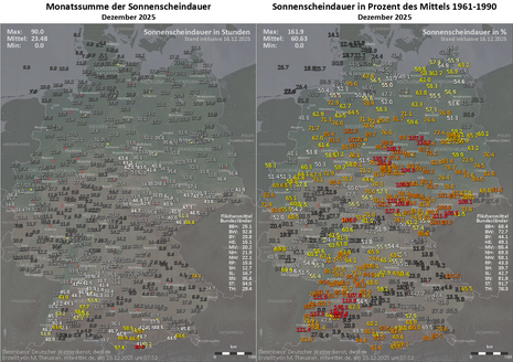 Abb.1: Sonnenschein in Stunden und relativ zum Mittel des Gesamtmonats bis zum 15. Dezember 2025 ( Quelle: https://www.mtwetter.de)