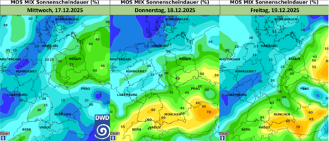 Prognostizierte Sonnenscheindauer (in Prozent das maximal Möglichen) (Quelle:DWD)