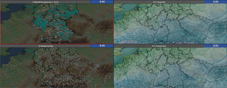 Diese Grafik zeigt die Temperaturen, 1h Niederschlagsmenge und 2m Taupunkt für Mittwoch, den 15.01.2025 um 07 UTC. (Quelle: DWD)