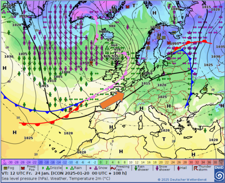 Diese Grafik zeigt die Analysekarte für Freitag, den 24.01.2025 um 00 UTC. (Quelle Deutscher Wetterdienst)