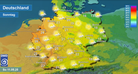 Wettervorhersage sowie Vorhersage der Tageshöchsttemperaturen in Deutschland am Sonntag, den 11.05.2025