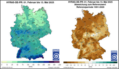 Niederschlag in Deutschland vom 1.2. - 13.5.2025 und die Abweichung vom Referenzwert (Quelle Deutscher Wetterdienst)