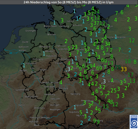 Deutschlandkarte mit den 24-stündigen Niederschlagsmengen von Sonntagfrüh, den 18.05. bis Montagfrüh, den 19.05. in l/qm (Quelle DWD)
