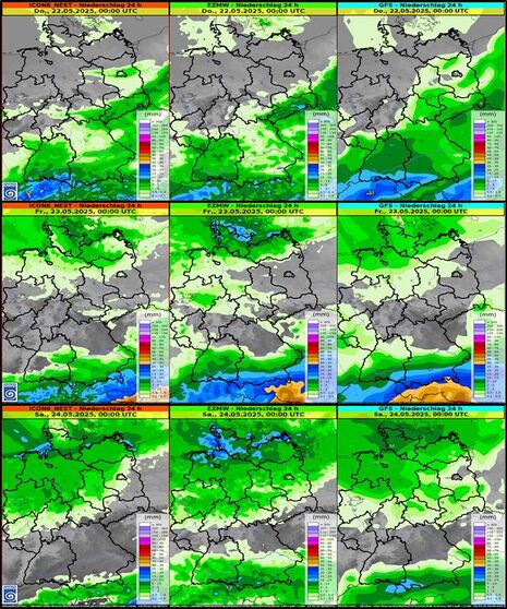 24-stündige Niederschlagsmenge in l/qm für Mi (21.05.), Do (22.05.), und Fr (23.05.) auf Basis unterschiedlicher Wettermodelle (Quelle DWD)