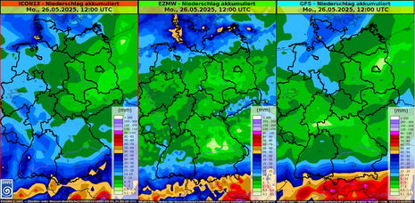 Akkumulierte Gesamtniederschlagsmenge in l/qm bis Anfang der kommenden Woche (Mo, 26.05.) auf Basis unterschiedlicher Wettermodelle (Quelle DWD)