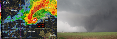 Abb 3: Der Moore-Tornado am 20.05.2013 im Radarbild (links) gut zu erkennen am