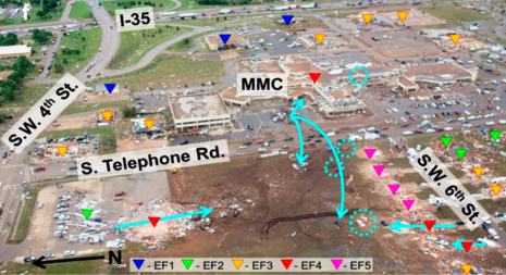 Abb 4: Schadensbilder und -analyse aus der Luft mit Blick auf das Moore Medical Center (MMC) und Umgebung (Quelle Donald Burgess et al (2014))